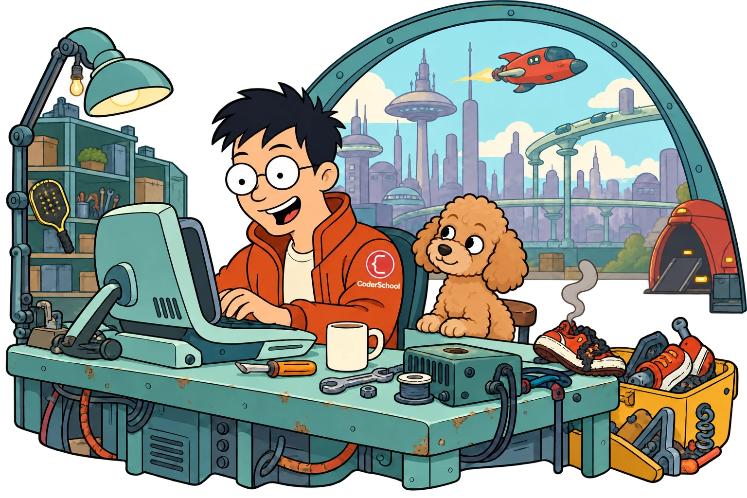 Cartoon Charles in a CoderSchool jacket at his workbench, with a little apricot toy poodle beside him and a pickleball paddle on the shelves.